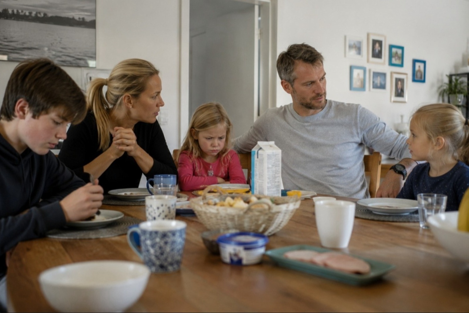 Familie beim gemeinsamen Frühstück, Thema Patchwork-Familie